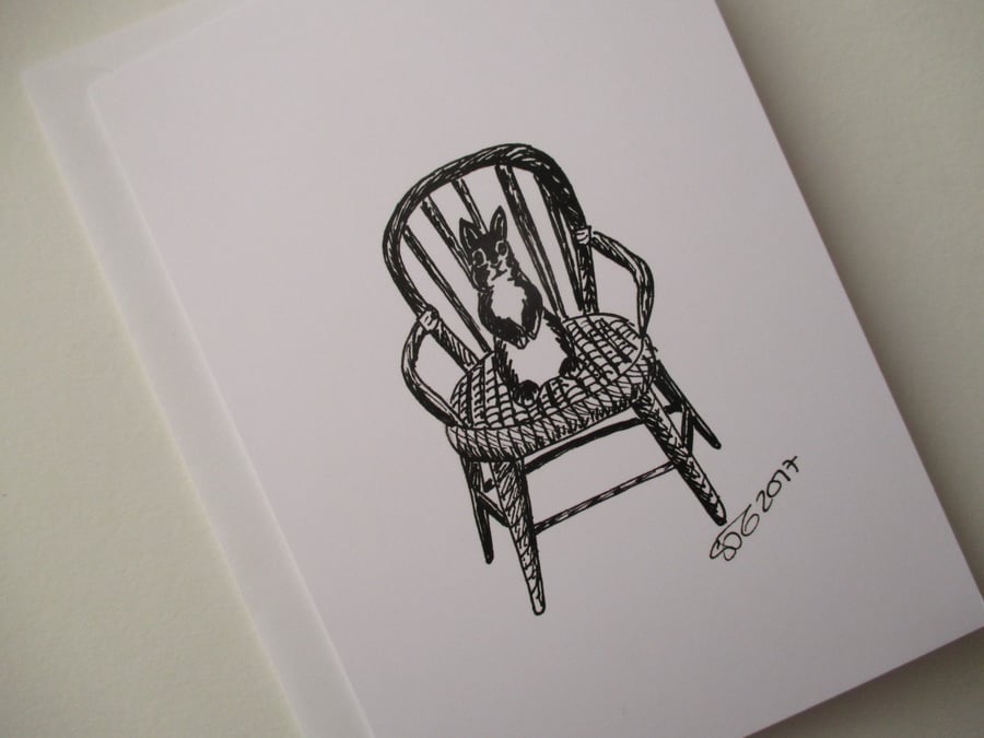 Bunny Rabbit Black & White Monochrome Blank Greetings Card Illustration