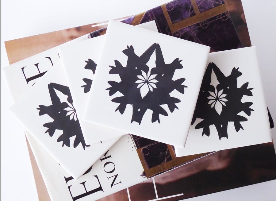 4 x Black and White Hummingbird Design Ceramic Tile Coasters with Cork Backing