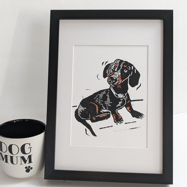 Original print. Handmade Linoprint of a Mini Dachshund dog print gift