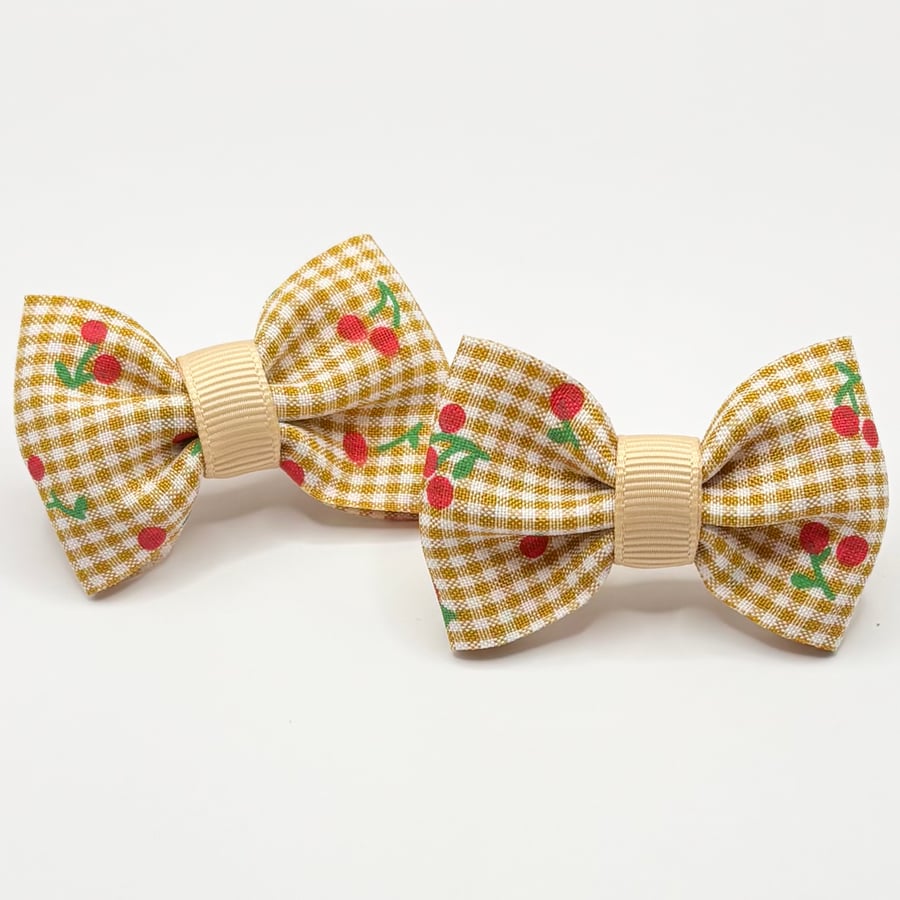 Gold Gingham Cherry Bow Hair Bobbles 
