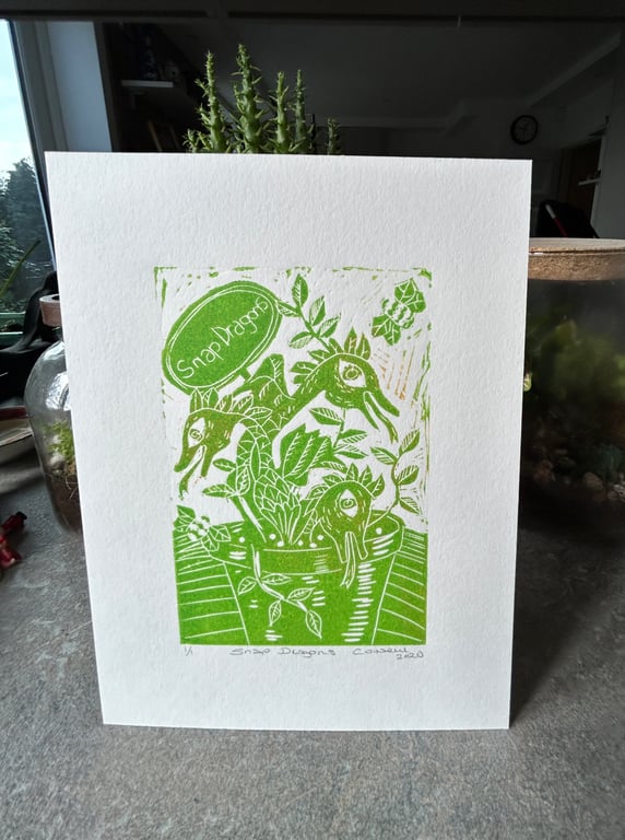 Snap dragons in green.  Original Lino print.  Gift for gardeners 