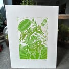 Snap dragons in green.  Original Lino print.  Gift for gardeners 