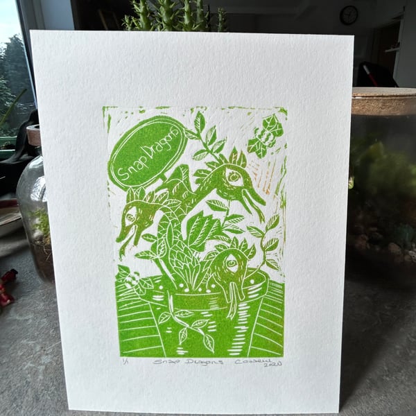 Snap dragons in green.  Original Lino print.  Gift for gardeners 
