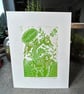 Snap dragons in green.  Original Lino print.  Gift for gardeners  - Image 1