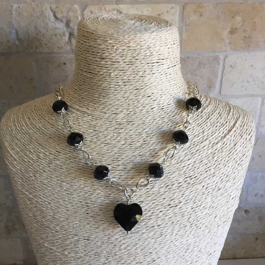 Black Crystal Necklace, Black heart Necklace