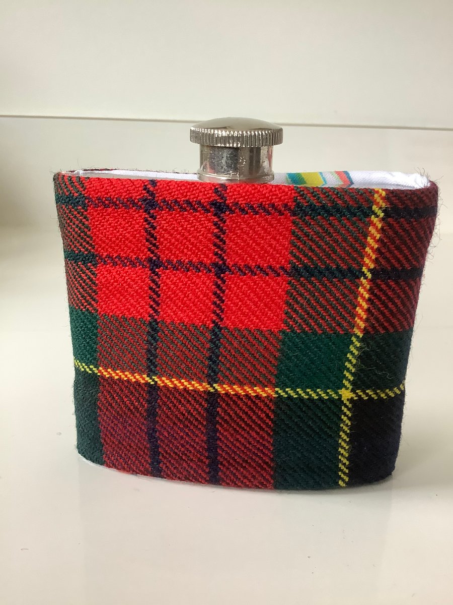 Red ,Black,Green and Yellow. Scottish wool Tartan with Whisky 4oz Hip flask ,