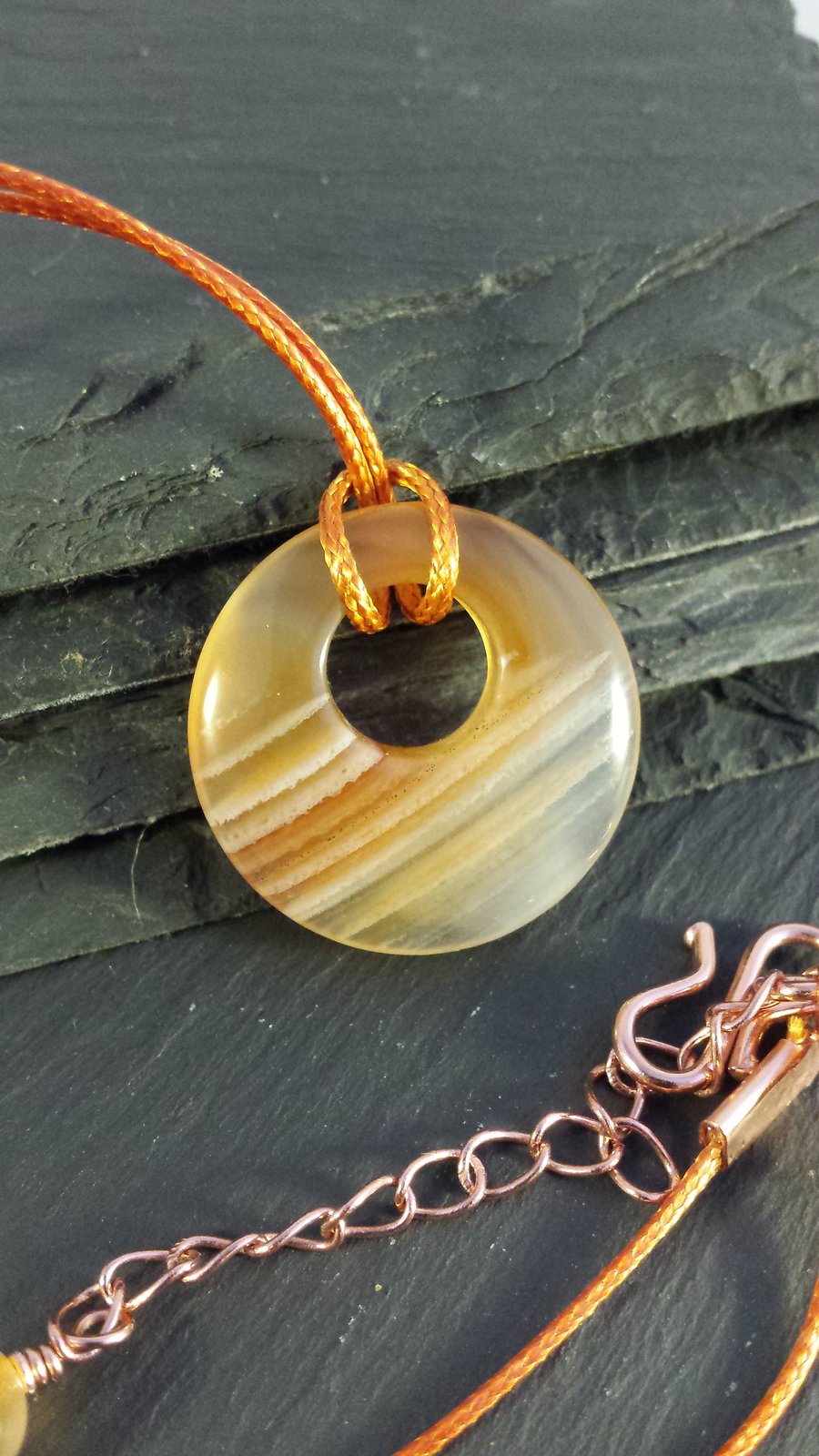 Orange Striped Agate Donut on Cord Necklace