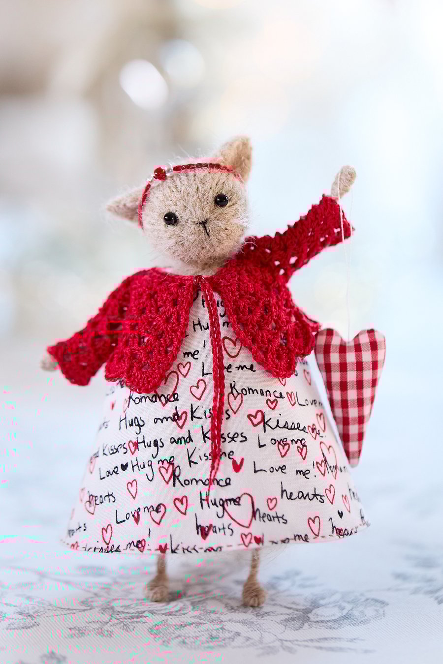 Knitted cat art doll, Valentine's Day gift