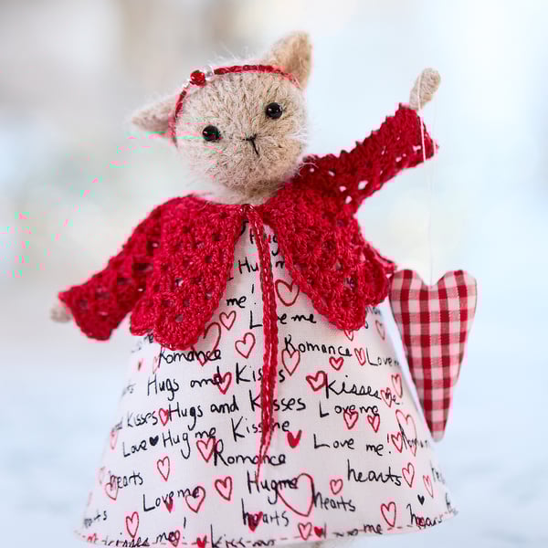 Knitted cat art doll, Valentine's Day gift