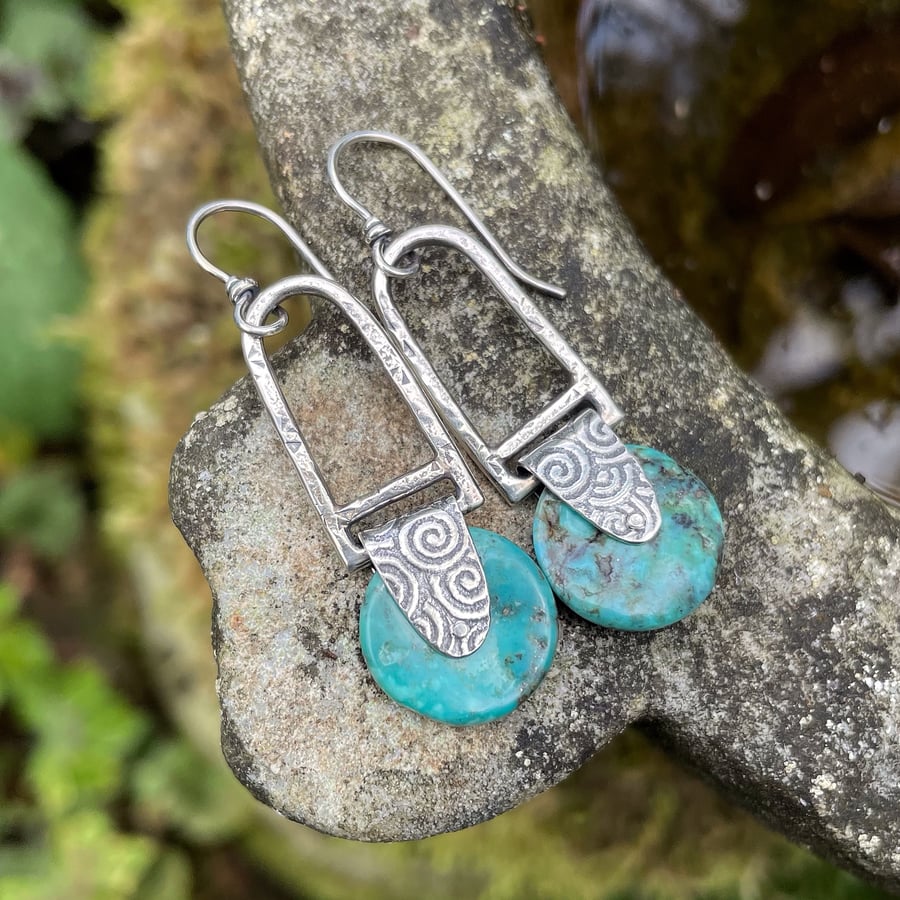 Oxidised silver and turquoise relic earrings