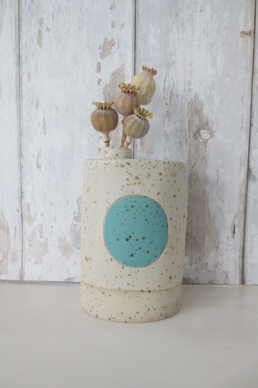 BOTTLE VASE hand-built speckled pottery vase in white with duck egg blue motif