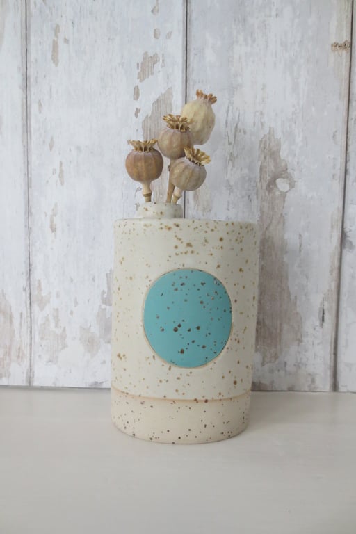 BOTTLE VASE hand-built speckled pottery vase in white with duck egg blue motif
