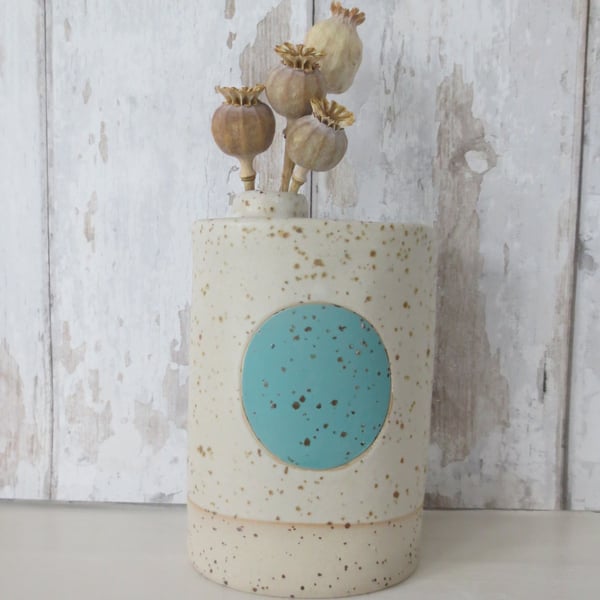 Hand-built speckled pottery vase in white with duck egg blue motif