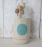 BOTTLE VASE hand-built speckled pottery vase in white with duck egg blue motif