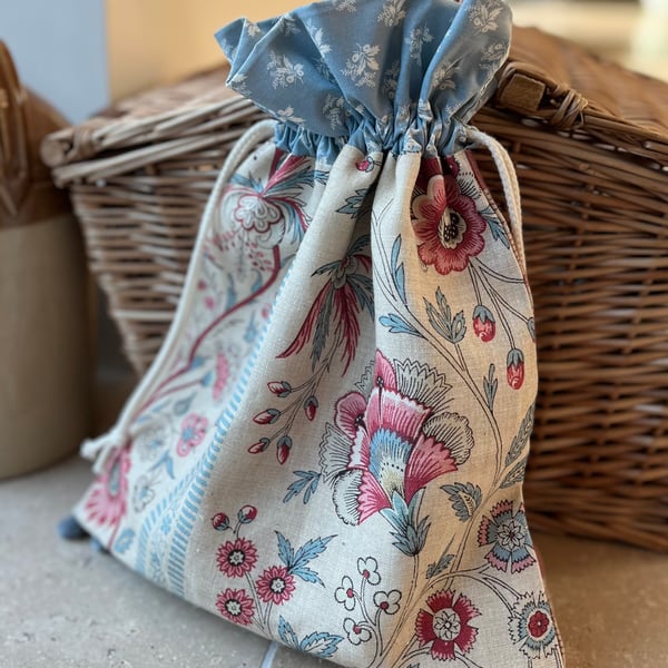 Pink and blue floral print linen drawstring bag with Laura Ashley cotton lining