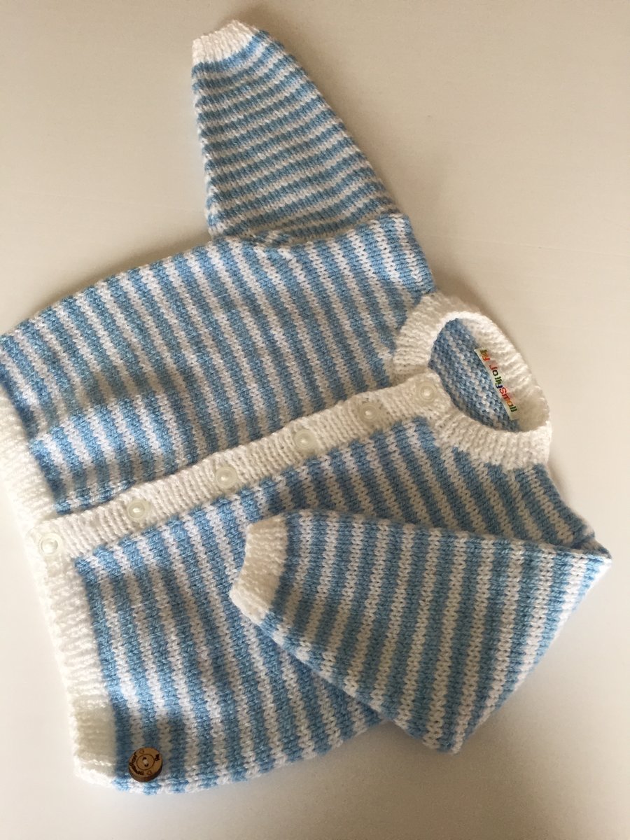 Baby  Cardigan in blue and white stripes 6 - 12mths