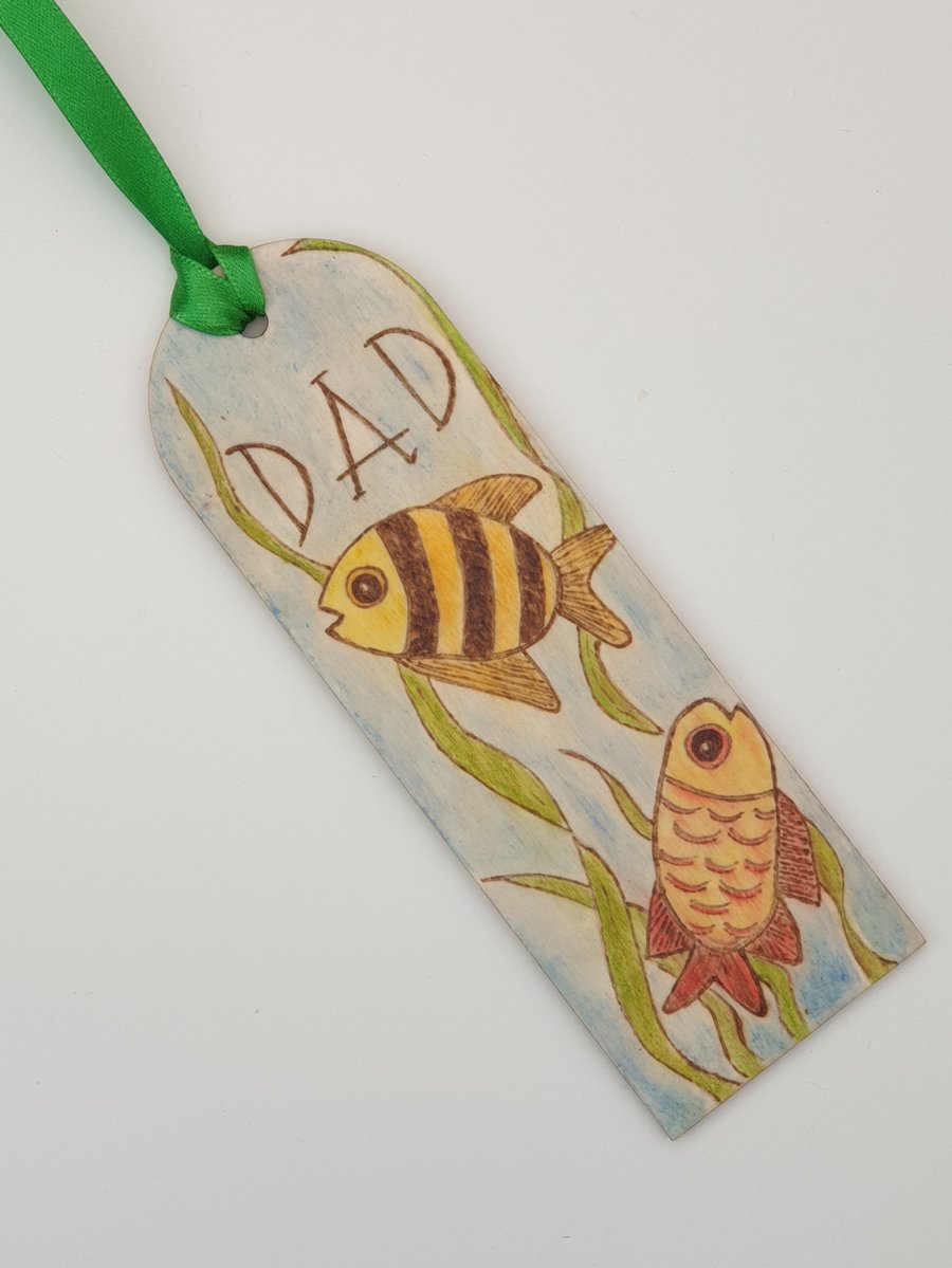 Dad bookmark decorated with pyrography fish and watercolour