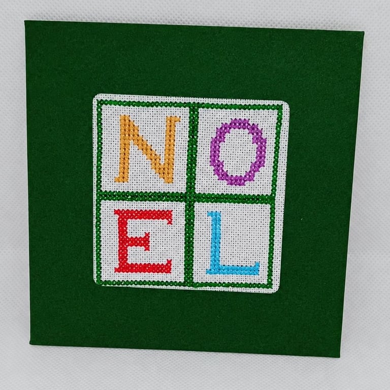 Handmade Cross Stitch NOEL Christmas Card – Green – 5 x 5 Inch