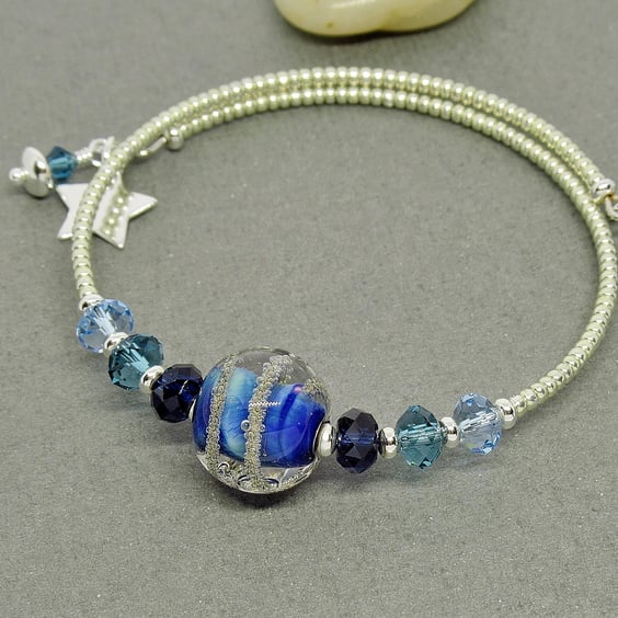 Blue Lampwork Glass Bead Memory Wire Bracelet