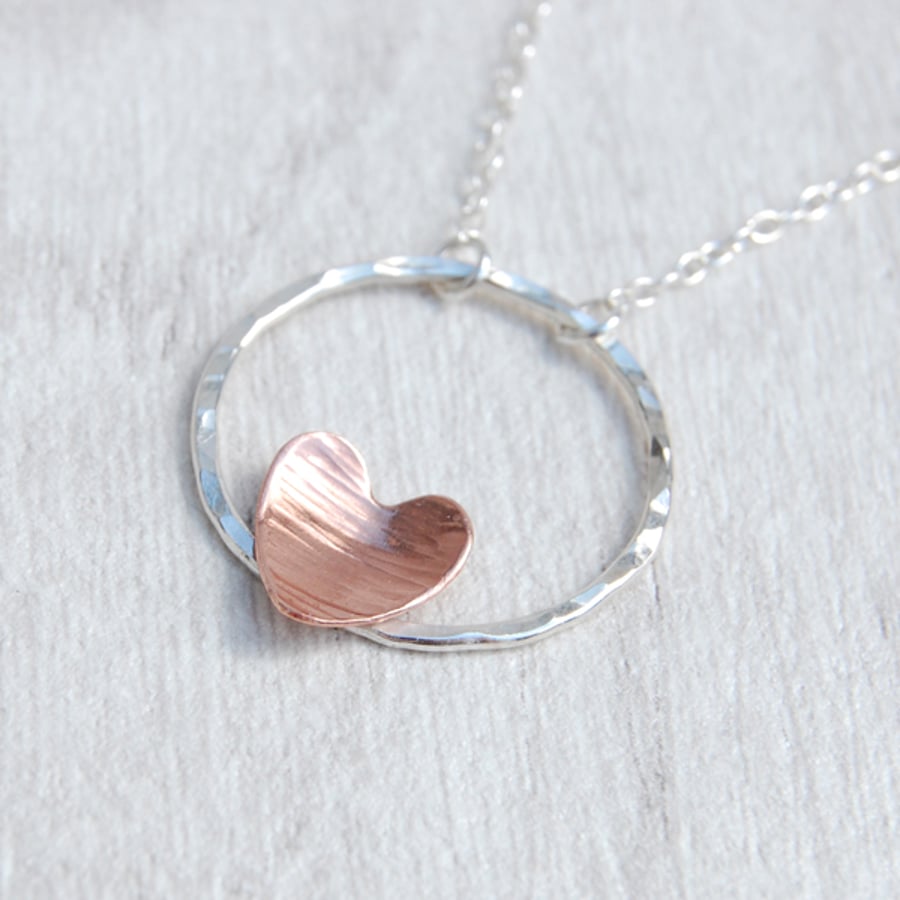 Copper heart and hammered circle necklace
