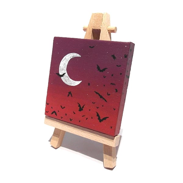 Bats at Dusk Miniature Canvas with Easel - original mini halloween art