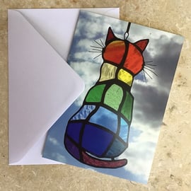 Greetings Card - Stained glass 'Rainbow Cat' 
