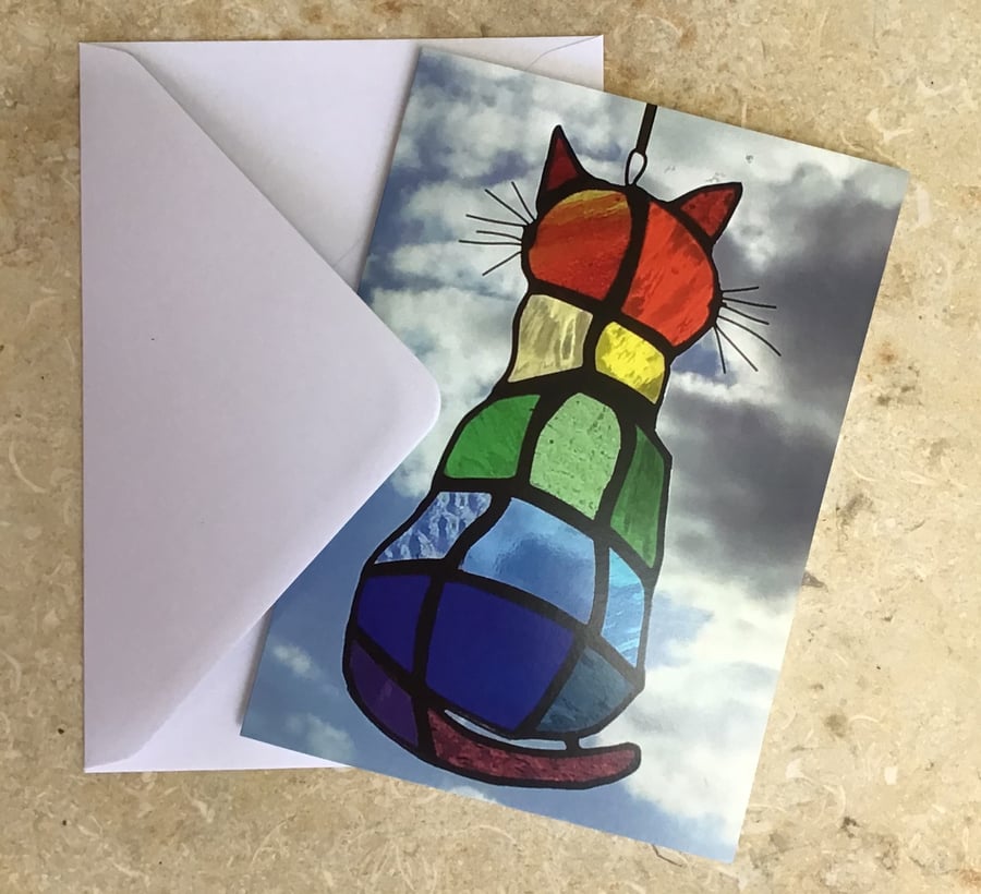 Greetings Card - Stained glass 'Rainbow Cat' 