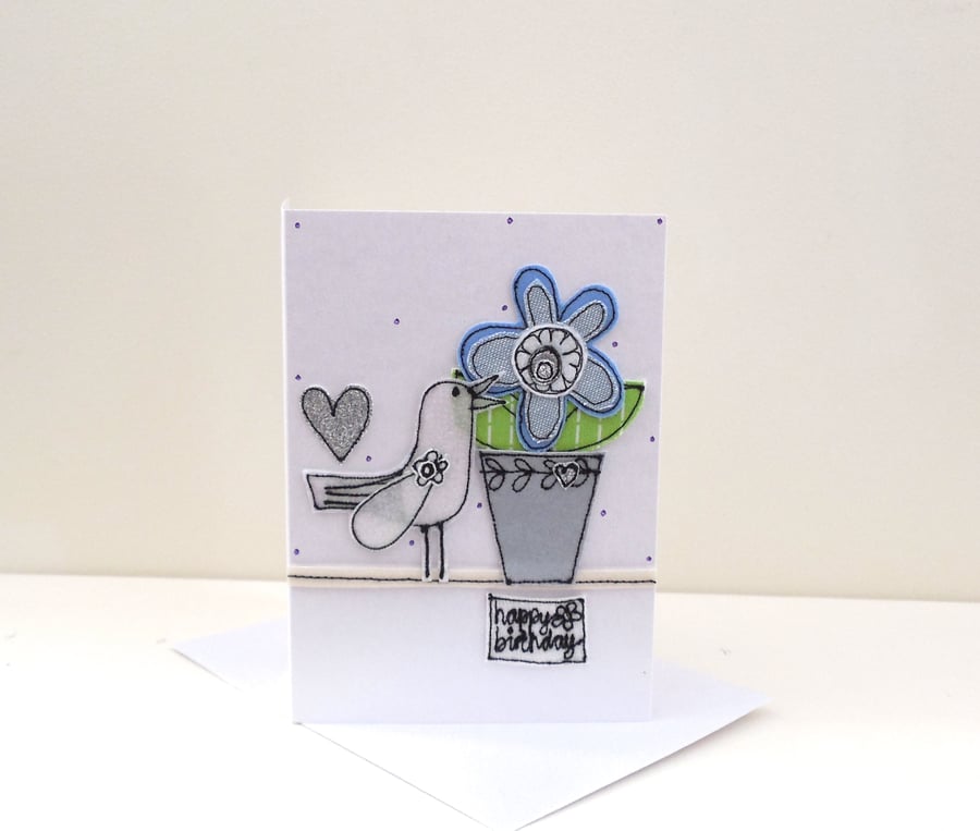 Happy Birthday Flowerpot and Birdie C6 Blank Card