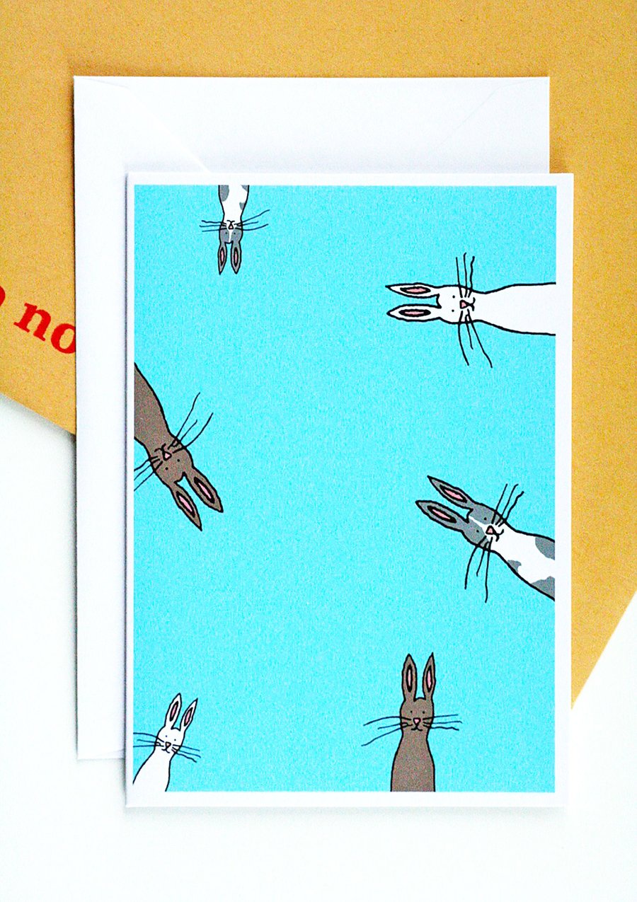 Bunnies (blue background) Illustration A6 Card