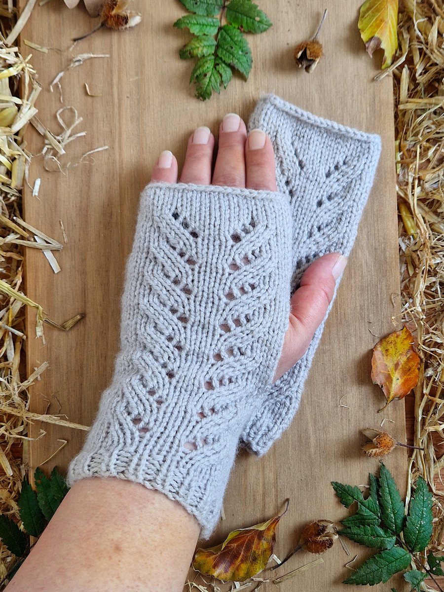 Hand Knitted Grey Lace Wrist Warmers 