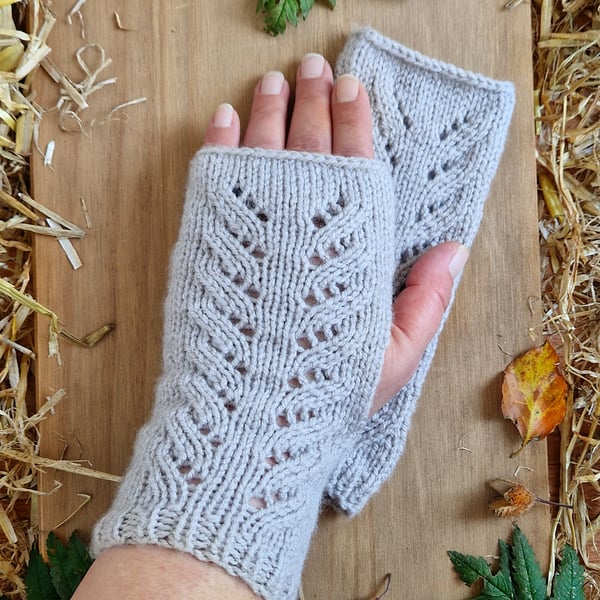 Hand Knitted Grey Lace Wrist Warmers 