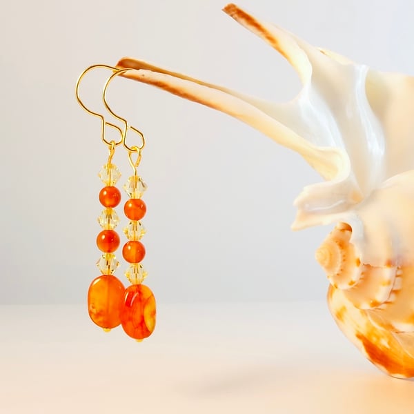 Carnelian Earrings With Yellow Swarovski Crystals - Handmade In Devon