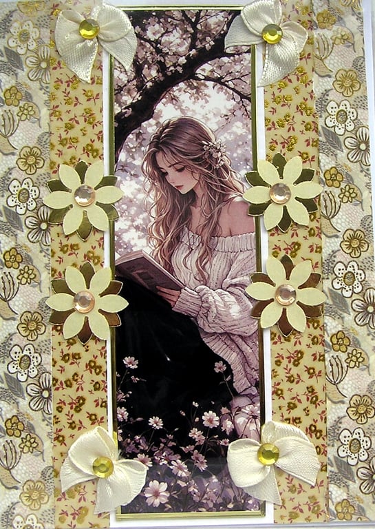 Book Reading Girl - Hand Crafted Decoupage Greeting Card - Blank 3412