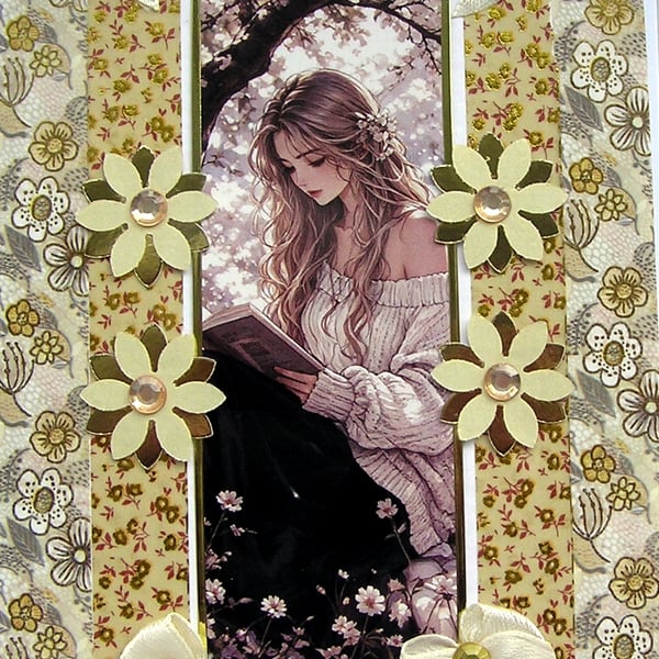Book Reading Girl - Hand Crafted Decoupage Greeting Card - Blank 3412