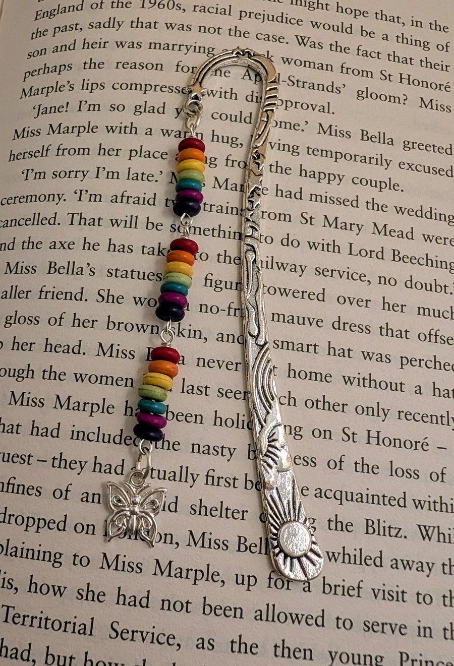 Rainbow beaded bookmark with butterfly charm