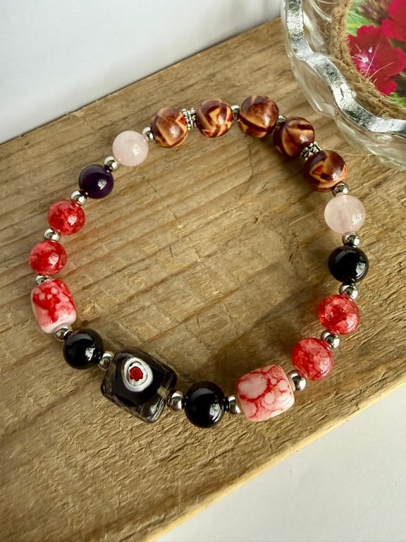 Lampwork, Gemstone, Glass and Wooden Bead Stretch Bracelet