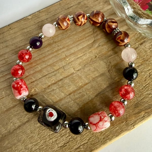 Lampwork, Gemstone, Glass and Wooden Bead Stretch Bracelet