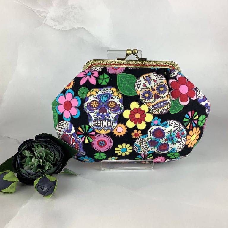 Candy skulls small clutch bag, Gothic makeup bag, Optional chain, Handmade