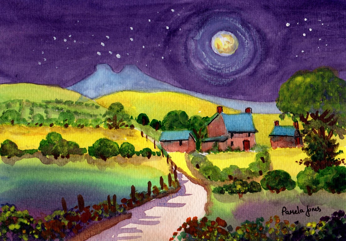 Moonlight Cottage, Pen Y Fan, Brecon Beacons, Watercolour Print in 14 x 11 mount