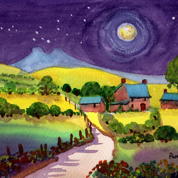 Moonlight Cottage, Pen Y Fan, Brecon Beacons, Watercolour Print in 14 x 11 mount