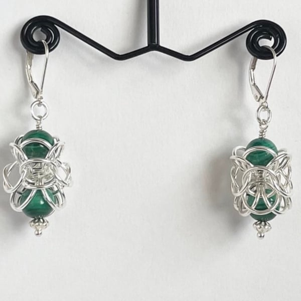 Sterling Silver Malachite Chainmaille Earrings