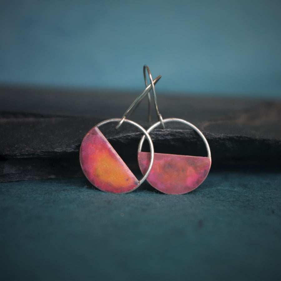 Copper and Silver Half Moon Dangle Earrings