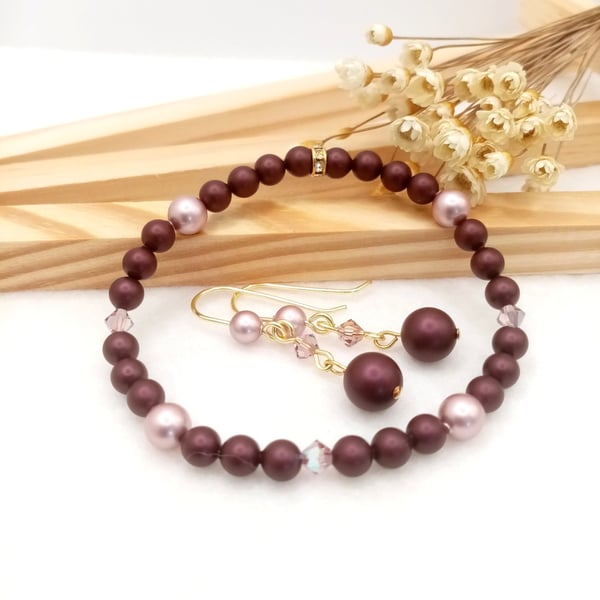 Earring & Bracelet Set - Elderberry & Powder Rose Jewellery Set 