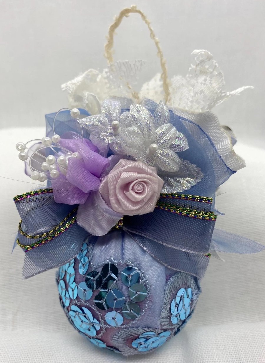 Blue and Lilac Christmas Bauble with Sequins, Lace, Ribbons and Flowers