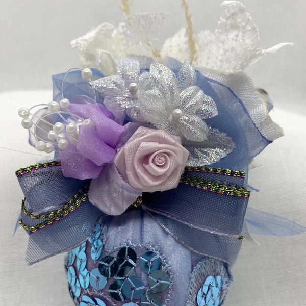 Blue and Lilac Christmas Bauble with Sequins, Lace, Ribbons and Flowers