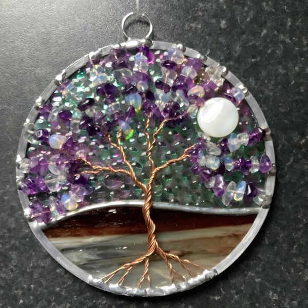 Amethyst and Opalite glass tree of life suncatcher