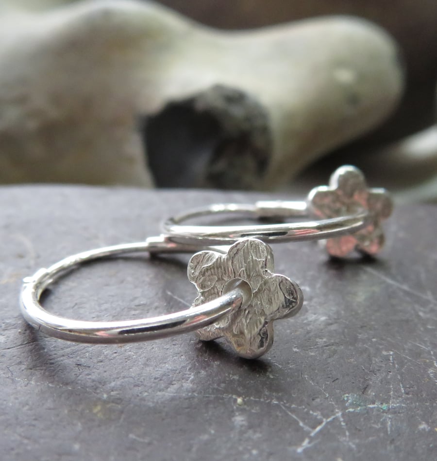 Small silver flower hoop earrings