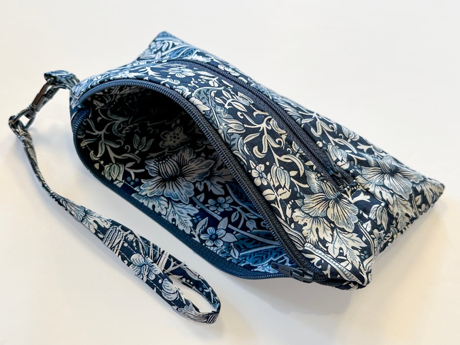 Blue and White Floral Wristlet - Handmade Zipper Pouch with Wrist Strap