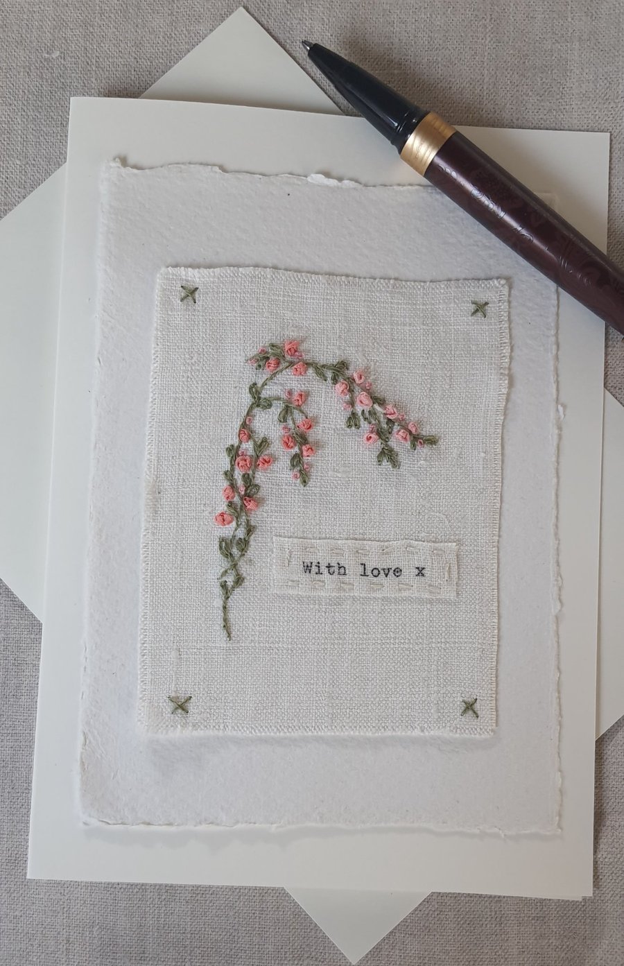 Hand Ribbon embroidered  keepsake blank greetings card