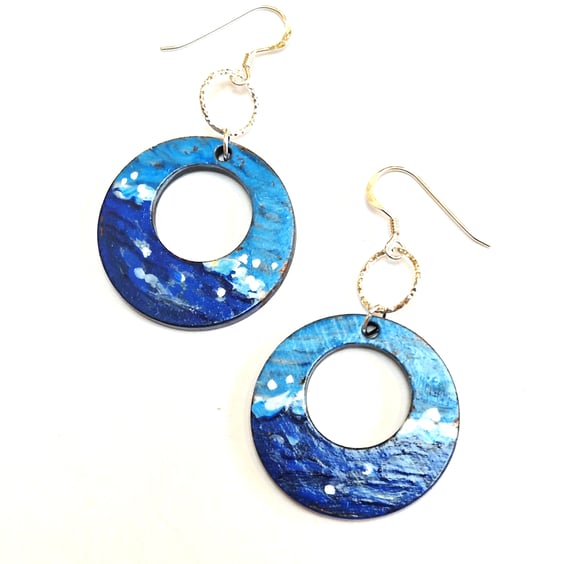 Hand Painted Wood Earrings with Sterling Silver, Seascape Design, Blue and White
